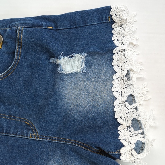 Distressed Embroidered Floral Jean Short Overalls M Blue Y2K Shortalls - Picture 7 of 14